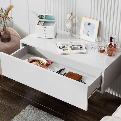 White Modern Floating Wall Mounted Nightstand with Drawer Storage Wood Bedside Table Small Wall Shelf for Bedroom Living Room in Saudi Arabia