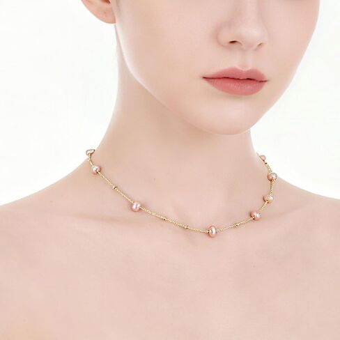 Dainty Pearl Necklace for Women, White Pink Freshwater Pearl 14K Gold Plated or Silver Chain Choker Long Necklace Everyday Jewelry Wedding Christmas Gift in Saudi Arabia