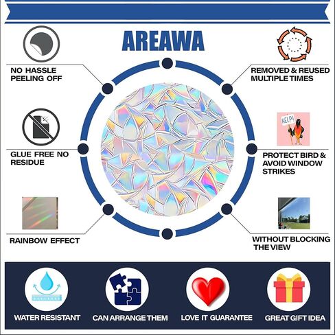 18 PCS Window Decals for Bird Strikes - Anti-Collision Window Decals to Save Birds from Window Collisions,Non Adhesive Reusable Rainbow Prism Window Stickers (18CH6A) in Saudi Arabia