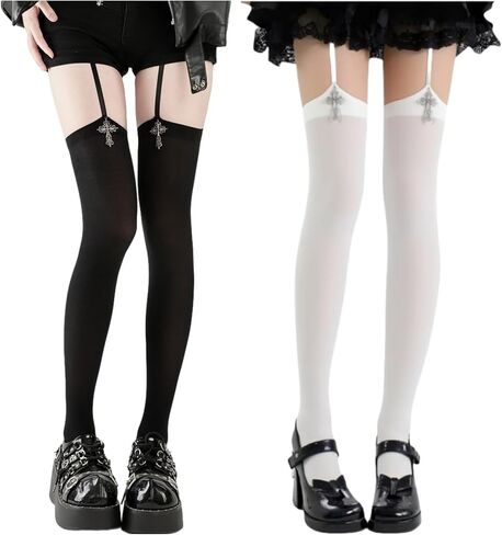 RARITYUS 2 Pack Gothic Cross Suspender Pantyhose Y2K Lolita Stockings Garter Belt Tights Halloween Accessories in Saudi Arabia