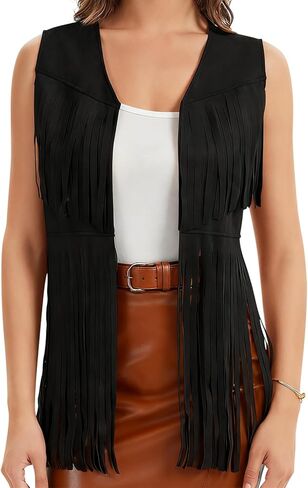 Women's 60s 70s Hippie Fringe Vest Sleeveless Faux Suede Tassel Jacket Western Cowgirl Festival Outfit in Saudi Arabia