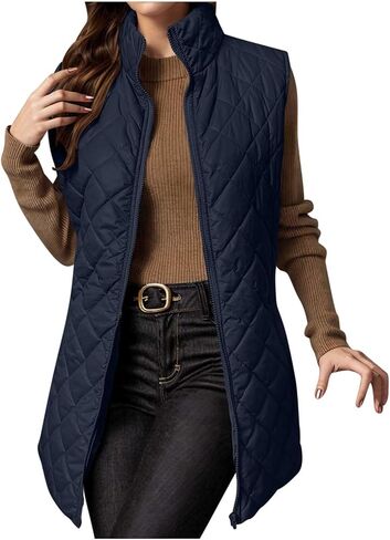 Long Puffer Vest Women Full Zip Sleeveless Jacket Winter Warm down Coat Lightweight Quilted Jackets with No Hood in Saudi Arabia