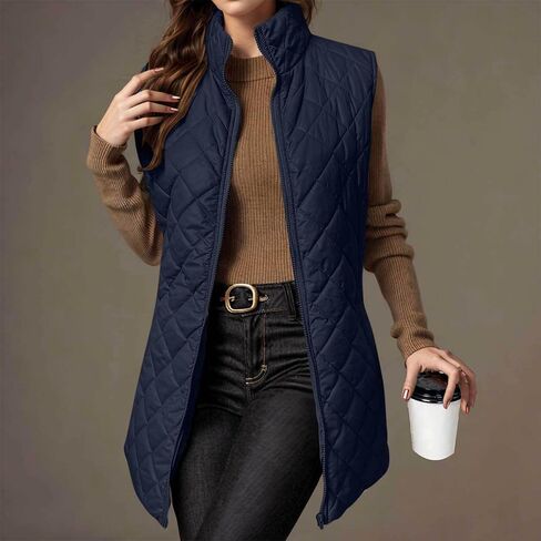 Long Puffer Vest Women Full Zip Sleeveless Jacket Winter Warm down Coat Lightweight Quilted Jackets with No Hood in Saudi Arabia