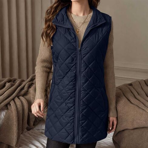 Long Puffer Vest Women Full Zip Sleeveless Jacket Winter Warm down Coat Lightweight Quilted Jackets with No Hood in Saudi Arabia