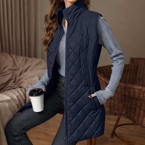 Long Puffer Vest Women Full Zip Sleeveless Jacket Winter Warm down Coat Lightweight Quilted Jackets with No Hood in Saudi Arabia