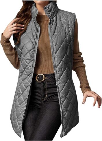 Long Puffer Vest Women Full Zip Sleeveless Jacket Winter Warm down Coat Lightweight Quilted Jackets with No Hood in Saudi Arabia