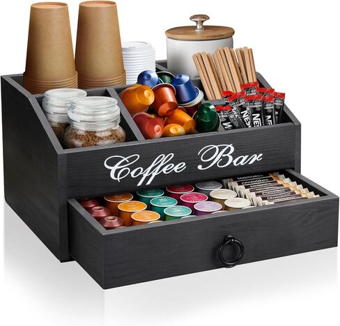 Coffee Station Organizer Coffee Pods Holder for Counter, Wood Coffee and Tea Condiment Storage Organizer, Farmhouse Coffee Accessories Basket for Coffee Bar Decor in Kuwait