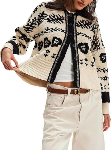 Womens Floral Long Sleeve Sweater Lapel Button Down Fall Winter Chunky Knit Cardigan Outerwear in Saudi Arabia