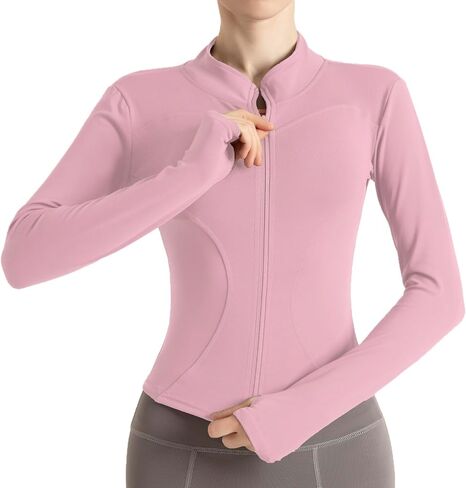 Women's Cropped Lightweight Stretchy Running Track Jackets Full Zip Slim Fit Athletic Tops with Thumb Holes in Kuwait