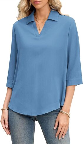 LOMON Womens 3/4 Sleeve Tops V Neck Cotton Linen Work Blouse Polo Shirts for Women Business Casual 2026 in Saudi Arabia