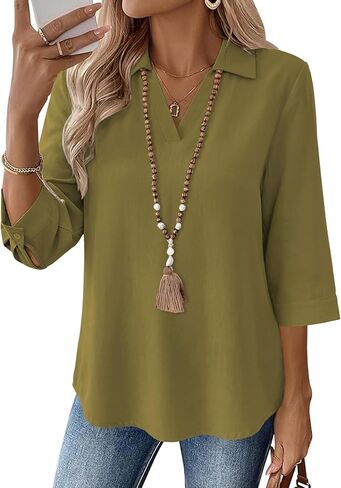 LOMON Womens 3/4 Sleeve Tops V Neck Cotton Linen Work Blouse Polo Shirts for Women Business Casual 2026 in Saudi Arabia