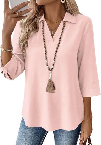 LOMON Womens 3/4 Sleeve Tops V Neck Cotton Linen Work Blouse Polo Shirts for Women Business Casual 2026 in Saudi Arabia