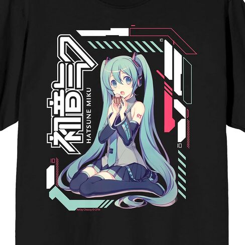 تي شيرت Bioworld Hatsune Miku بأنماط مستقبلية للكبار برقبة دائرية سوداء وأكمام قصيرة، مقاس كبير in Kuwait