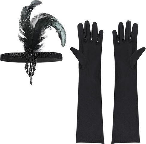 1920s Flapper Accessories for Women Flapper Headband Christmas Feather Headpiece Long Gloves Set Medieval Fascinators Gatsby Headbands Roaring 20s Headpieces Party Decorations for Tea Party in Saudi Arabia