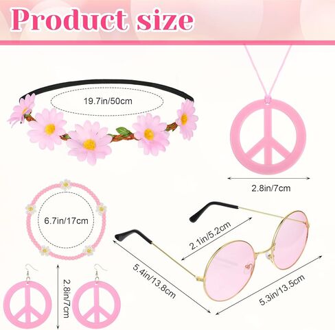 6 Pcs Hippie Costume Accessories Set 60s 70s Dressing Accessory Peace Sign Necklace Earrings Bracelet Flower Crown Head Band Colored Hippie Sunglasses Costume Supplies for Valentine Carnival Party in Saudi Arabia