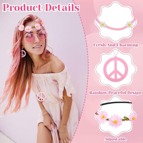 6 Pcs Hippie Costume Accessories Set 60s 70s Dressing Accessory Peace Sign Necklace Earrings Bracelet Flower Crown Head Band Colored Hippie Sunglasses Costume Supplies for Valentine Carnival Party in Saudi Arabia