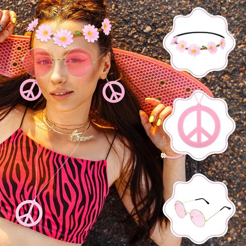 6 Pcs Hippie Costume Accessories Set 60s 70s Dressing Accessory Peace Sign Necklace Earrings Bracelet Flower Crown Head Band Colored Hippie Sunglasses Costume Supplies for Valentine Carnival Party in Saudi Arabia