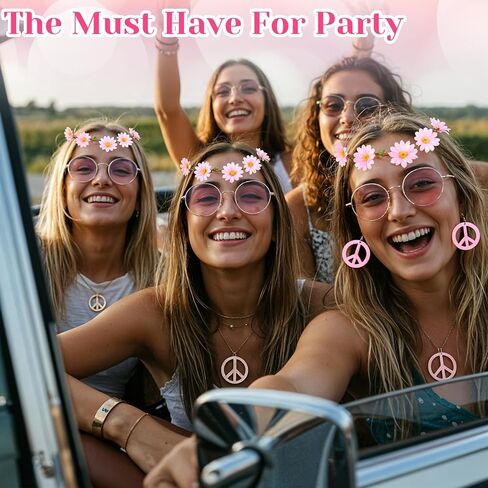 6 Pcs Hippie Costume Accessories Set 60s 70s Dressing Accessory Peace Sign Necklace Earrings Bracelet Flower Crown Head Band Colored Hippie Sunglasses Costume Supplies for Valentine Carnival Party in Saudi Arabia