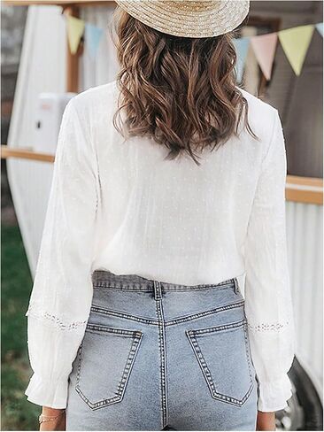 GORGLITTER Women's Floral Lace Long Sleeve Tops Ruffled Blouses Boho Peasant Tops Sheer Button Up Shirt Dressy Casual in Saudi Arabia