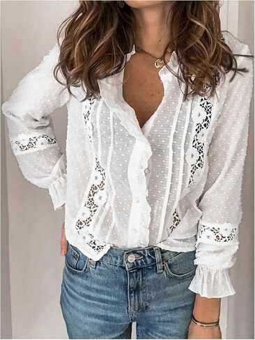 GORGLITTER Women's Floral Lace Long Sleeve Tops Ruffled Blouses Boho Peasant Tops Sheer Button Up Shirt Dressy Casual in Saudi Arabia