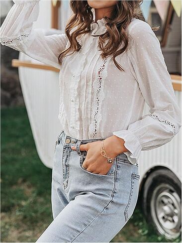 GORGLITTER Women's Floral Lace Long Sleeve Tops Ruffled Blouses Boho Peasant Tops Sheer Button Up Shirt Dressy Casual in Saudi Arabia