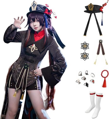 Anime Game Women Brown Uniform Cosplay Costume Dress Shorts Halloween Outfit Full Set with Accessories Hat in Saudi Arabia