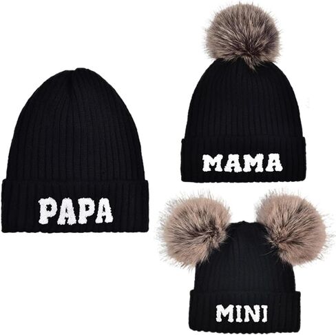 3 Pcs Parent-Child Beanie Hats Mama Papa Mini Knitted Hats Winter Warm Ski Cap with Pom Pom Matching Family Beanie Hat in Saudi Arabia