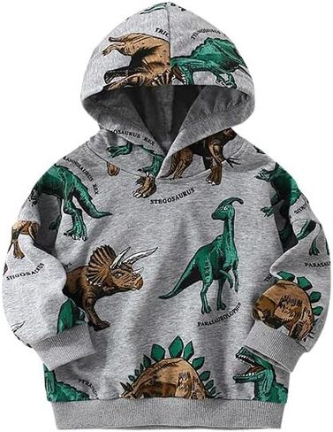 Kids Dinosaur Print Hoodie Sweatshirt, Gray with T-Rex Pattern Lt Weight Pullover with Hood in Saudi Arabia