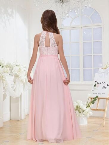 Chiffon Junior Bridesmaid Dress for Wedding Lace Applique Halter Sleeveless A-Line Long Formal Flower Girl Dress in Saudi Arabia