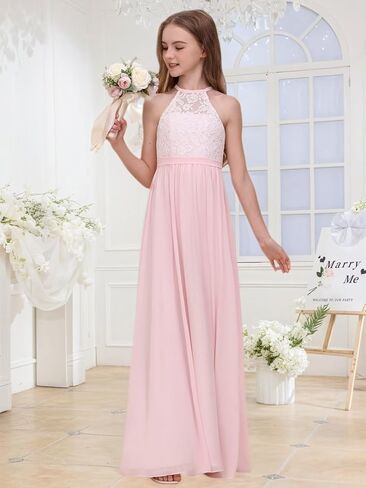 Chiffon Junior Bridesmaid Dress for Wedding Lace Applique Halter Sleeveless A-Line Long Formal Flower Girl Dress in Saudi Arabia
