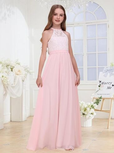 Chiffon Junior Bridesmaid Dress for Wedding Lace Applique Halter Sleeveless A-Line Long Formal Flower Girl Dress in Saudi Arabia