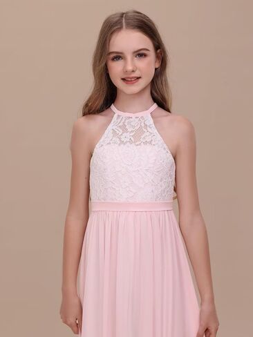 Chiffon Junior Bridesmaid Dress for Wedding Lace Applique Halter Sleeveless A-Line Long Formal Flower Girl Dress in Saudi Arabia