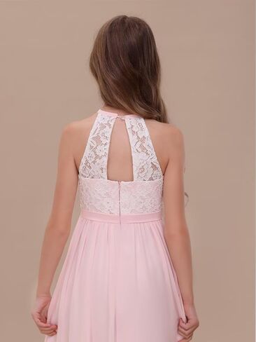 Chiffon Junior Bridesmaid Dress for Wedding Lace Applique Halter Sleeveless A-Line Long Formal Flower Girl Dress in Saudi Arabia