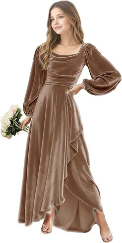 Junior Bridesmaid Dress Flower Girls Dress for Teen Girls Long Sleeve Girls Velvet Formal Gowns for Teens in Saudi Arabia
