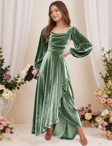 Junior Bridesmaid Dress Flower Girls Dress for Teen Girls Long Sleeve Girls Velvet Formal Gowns for Teens in Saudi Arabia