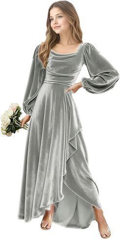 Junior Bridesmaid Dress Flower Girls Dress for Teen Girls Long Sleeve Girls Velvet Formal Gowns for Teens in Saudi Arabia