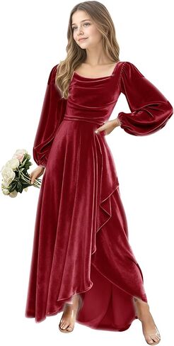 Junior Bridesmaid Dress Flower Girls Dress for Teen Girls Long Sleeve Girls Velvet Formal Gowns for Teens in Saudi Arabia