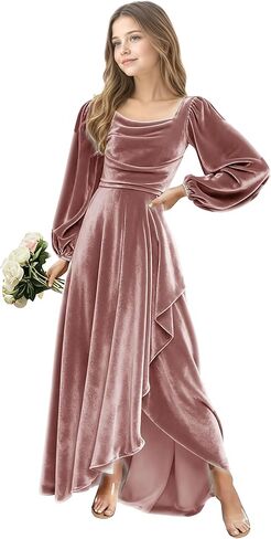 Junior Bridesmaid Dress Flower Girls Dress for Teen Girls Long Sleeve Girls Velvet Formal Gowns for Teens in Saudi Arabia