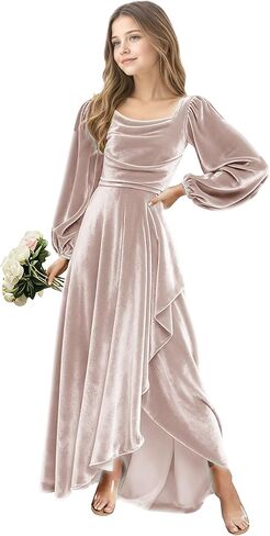 Junior Bridesmaid Dress Flower Girls Dress for Teen Girls Long Sleeve Girls Velvet Formal Gowns for Teens in Saudi Arabia