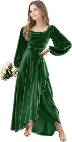 Junior Bridesmaid Dress Flower Girls Dress for Teen Girls Long Sleeve Girls Velvet Formal Gowns for Teens in Saudi Arabia