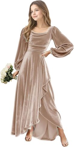 Junior Bridesmaid Dress Flower Girls Dress for Teen Girls Long Sleeve Girls Velvet Formal Gowns for Teens in Saudi Arabia