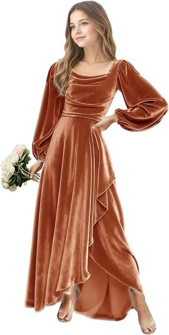 Junior Bridesmaid Dress Flower Girls Dress for Teen Girls Long Sleeve Girls Velvet Formal Gowns for Teens in Saudi Arabia