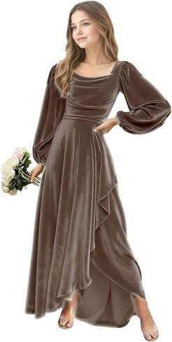 Junior Bridesmaid Dress Flower Girls Dress for Teen Girls Long Sleeve Girls Velvet Formal Gowns for Teens in Saudi Arabia