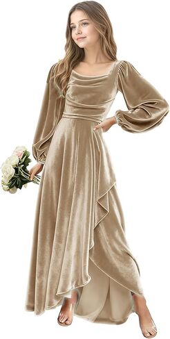 Junior Bridesmaid Dress Flower Girls Dress for Teen Girls Long Sleeve Girls Velvet Formal Gowns for Teens in Saudi Arabia