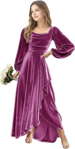 Junior Bridesmaid Dress Flower Girls Dress for Teen Girls Long Sleeve Girls Velvet Formal Gowns for Teens in Saudi Arabia