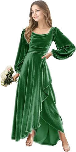Junior Bridesmaid Dress Flower Girls Dress for Teen Girls Long Sleeve Girls Velvet Formal Gowns for Teens in Saudi Arabia