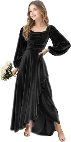 فستان وصيفة العروس الصغيرة، فستان للفتيات المراهقات، بأكمام طويلة، فساتين رسمية مخملية للمراهقين in Kuwait