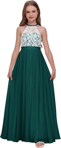 Chiffon Junior Bridesmaid Dress for Wedding Lace Applique Halter Sleeveless A-Line Long Formal Flower Girl Dress in Saudi Arabia