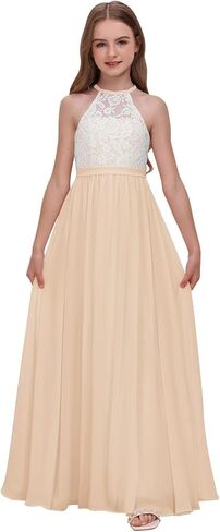 Chiffon Junior Bridesmaid Dress for Wedding Lace Applique Halter Sleeveless A-Line Long Formal Flower Girl Dress in Saudi Arabia