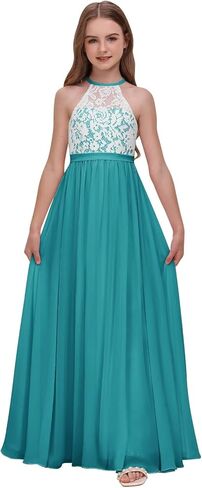 Chiffon Junior Bridesmaid Dress for Wedding Lace Applique Halter Sleeveless A-Line Long Formal Flower Girl Dress in Kuwait